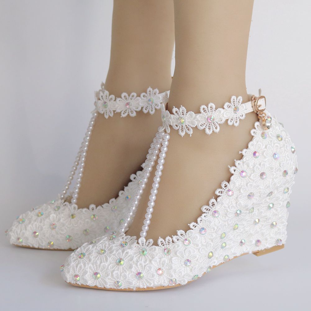 Colorful Rhinestone Ankle Strap 8cm Wedge Heel Women Pumps Wedding Shoes