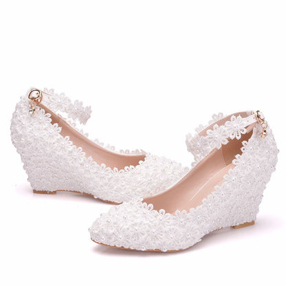 Pearls Lace Ankle Strap 8cm Wedge Heel Women Pumps Wedding Shoes