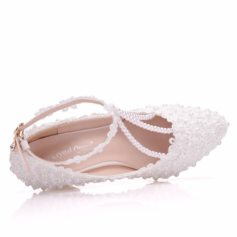 Pearls Lace Ankle Strap 8cm Wedge Heel Women Pumps Wedding Shoes