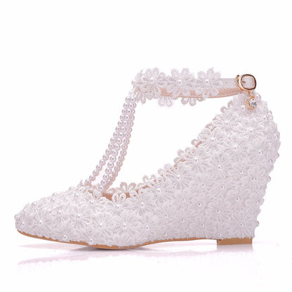 Pearls Lace Ankle Strap 8cm Wedge Heel Women Pumps Wedding Shoes