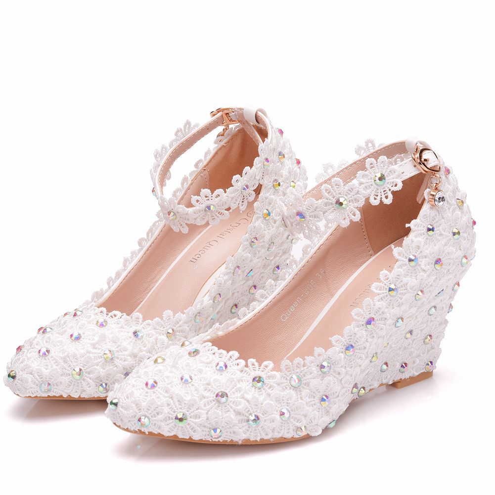 Rhinestone Lace Ankle Strap 8cm Wedge Heel Women Pumps Wedding Shoes