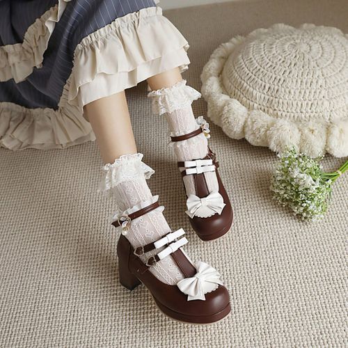 Women Chunky Heel Pumps T Straps Shoes with Bowtie