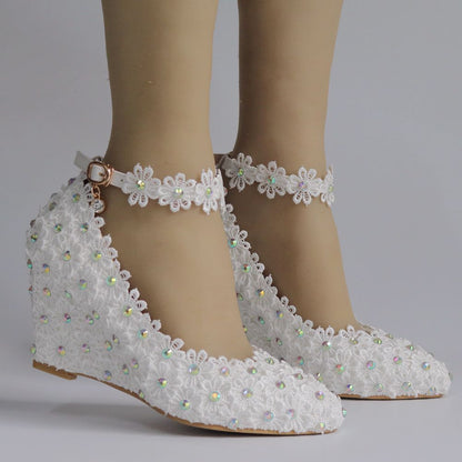 Rhinestone Lace Ankle Strap 8cm Wedge Heel Women Pumps Wedding Shoes