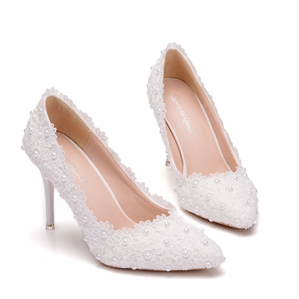 Women Pointed Toe Pearls Lace Stiletto Heel Pumps Wedding Shoes