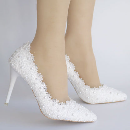 Women Pointed Toe Pearls Lace Stiletto Heel Pumps Wedding Shoes