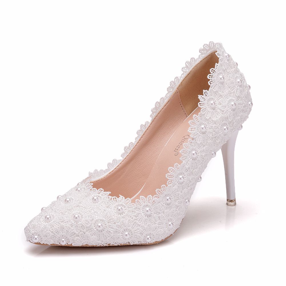 Women Pointed Toe Pearls Lace Stiletto Heel Pumps Wedding Shoes