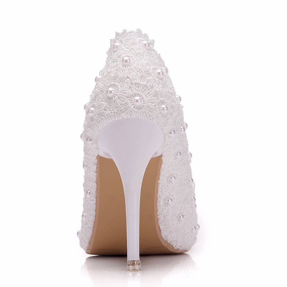 Women Pointed Toe Pearls Lace Stiletto Heel Pumps Wedding Shoes