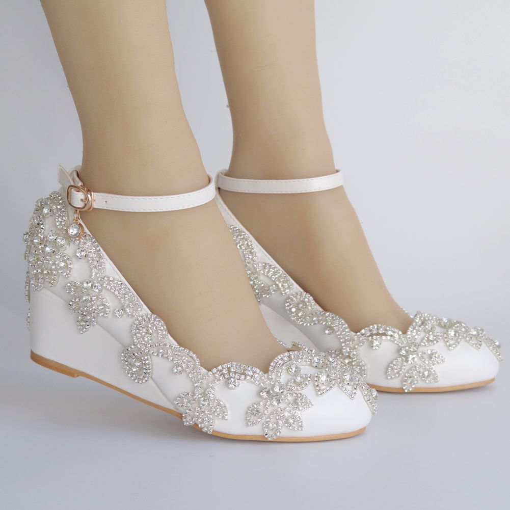 Shallow Rhinestone 5cm Wedge Heel Women Pumps Wedding Shoes