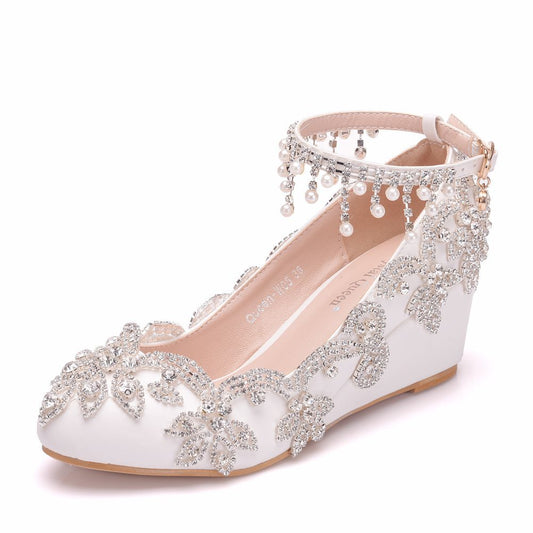 Rhinestone Pearls Tassel Ankle Strap 5cm Wedge Heel Women Pumps Wedding Shoes