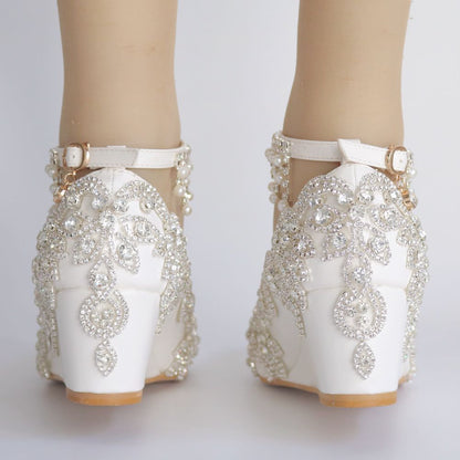 Rhinestone Pearls Tassel Ankle Strap 5cm Wedge Heel Women Pumps Wedding Shoes