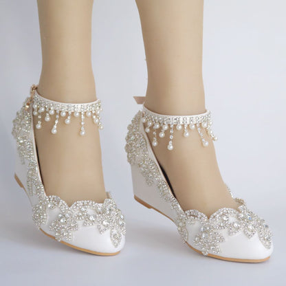 Rhinestone Pearls Tassel Ankle Strap 5cm Wedge Heel Women Pumps Wedding Shoes