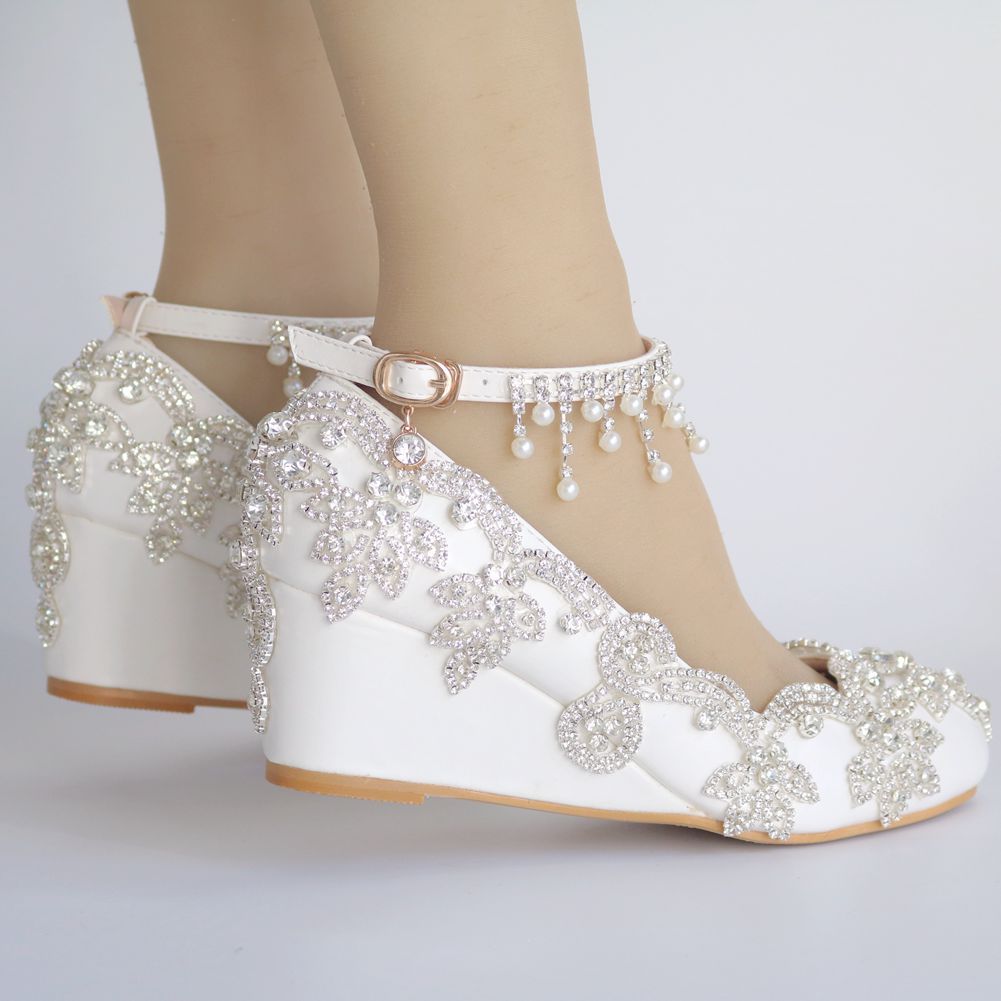 Rhinestone Pearls Tassel Ankle Strap 5cm Wedge Heel Women Pumps Wedding Shoes