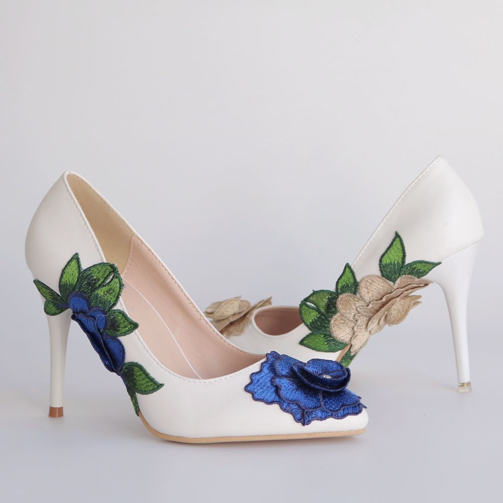 Women Pointed Toe Rhinestone Embroidery Flora Stiletto Heel Pumps Wedding Shoes