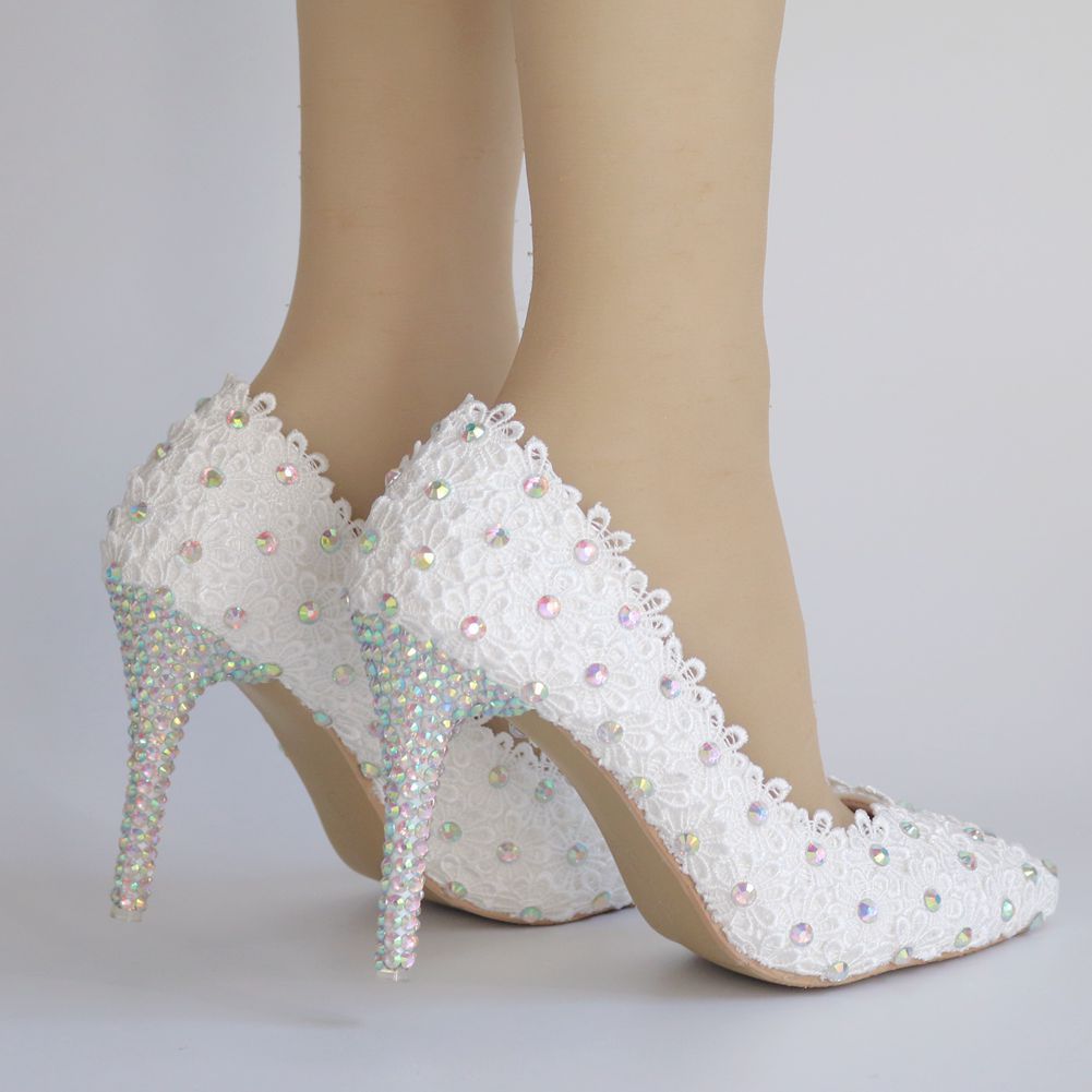 Women Rhinestone Lace Stiletto Heel Pumps Wedding Shoes