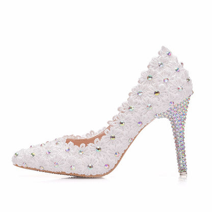 Women Rhinestone Lace Stiletto Heel Pumps Wedding Shoes