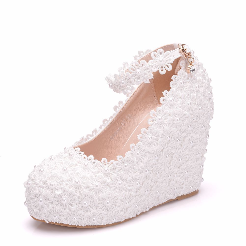 Women Round Toe Lace Pearls Wedding Platform Wedge Heel Ankle Strap Pumps