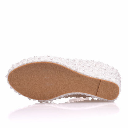 Women Round Toe Lace Pearls Wedding Platform Wedge Heel Ankle Strap Pumps