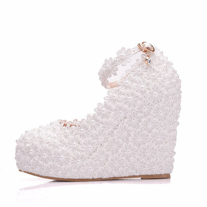 Women Round Toe Lace Pearls Wedding Platform Wedge Heel Ankle Strap Pumps