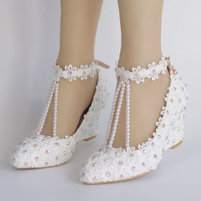 Colorful Rhinestone Ankle Strap 8cm Wedge Heel Women Pumps Wedding Shoes