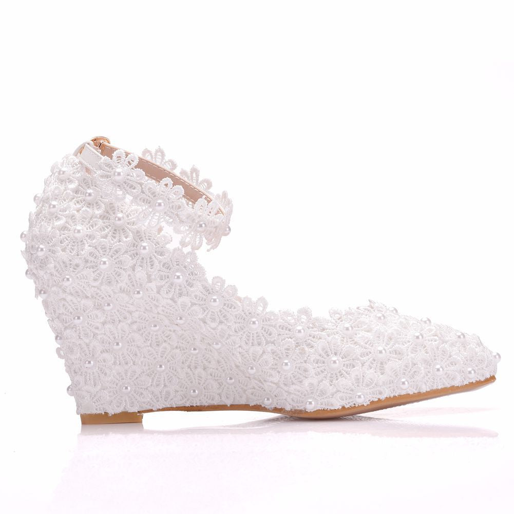 Pearls Lace Ankle Strap 8cm Wedge Heel Women Pumps Wedding Shoes