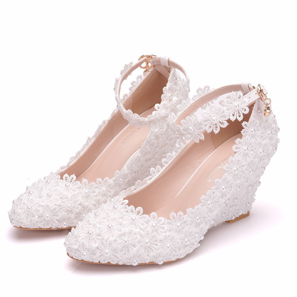 Pearls Lace Ankle Strap 8cm Wedge Heel Women Pumps Wedding Shoes