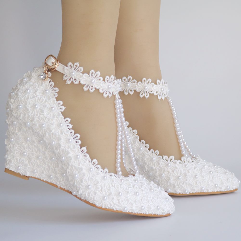 Pearls Lace Ankle Strap 8cm Wedge Heel Women Pumps Wedding Shoes