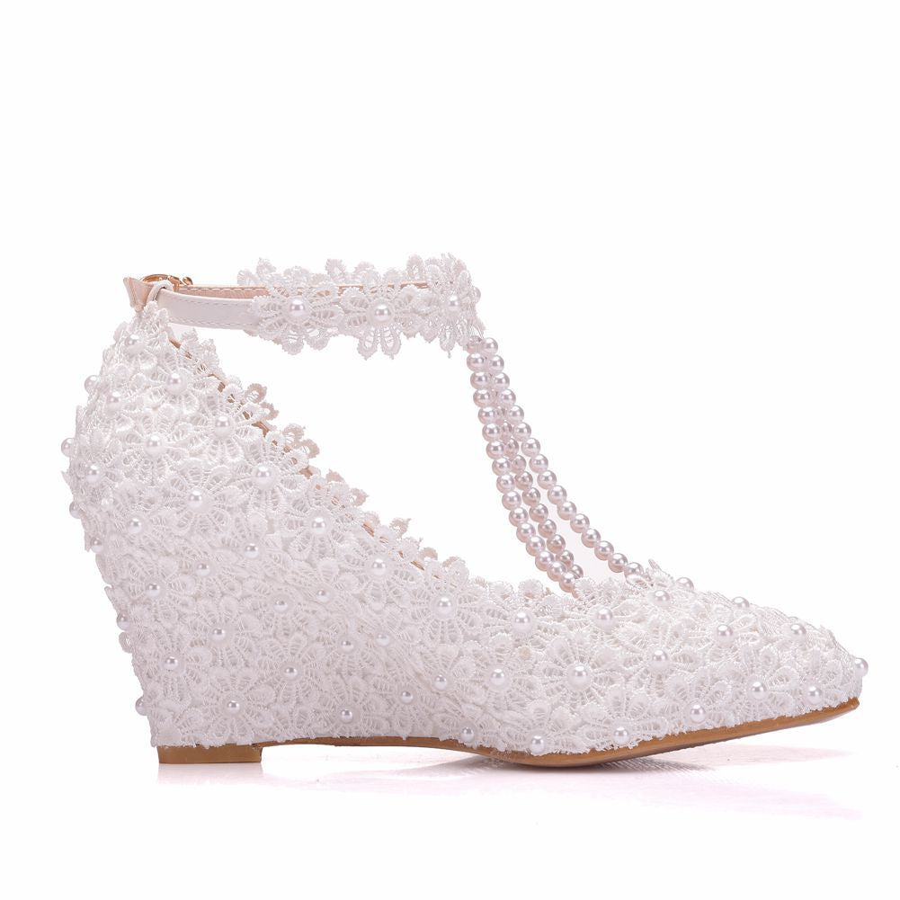 Pearls Lace Ankle Strap 8cm Wedge Heel Women Pumps Wedding Shoes