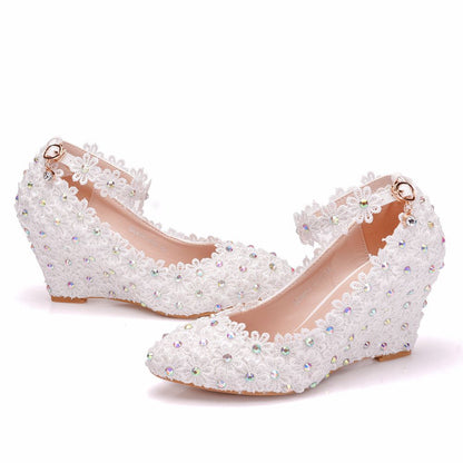 Rhinestone Lace Ankle Strap 8cm Wedge Heel Women Pumps Wedding Shoes