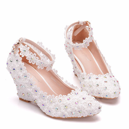 Rhinestone Lace Ankle Strap 8cm Wedge Heel Women Pumps Wedding Shoes