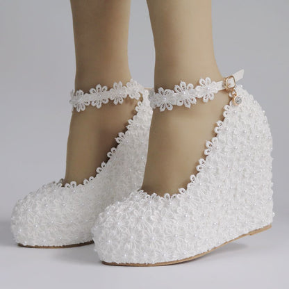 Women Round Toe Lace Pearls Wedding Platform Wedge Heel Ankle Strap Pumps