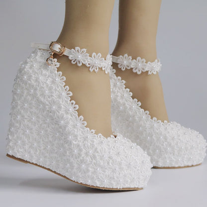 Women Round Toe Lace Pearls Wedding Platform Wedge Heel Ankle Strap Pumps