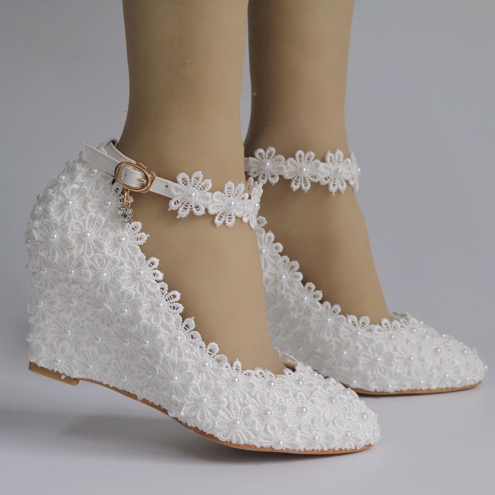 Pearls Lace Ankle Strap 8cm Wedge Heel Women Pumps Wedding Shoes