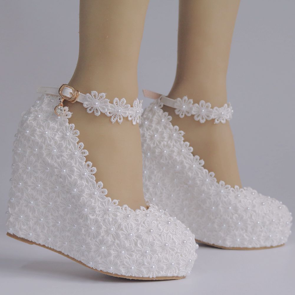 Women Round Toe Lace Pearls Wedding Platform Wedge Heel Ankle Strap Pumps