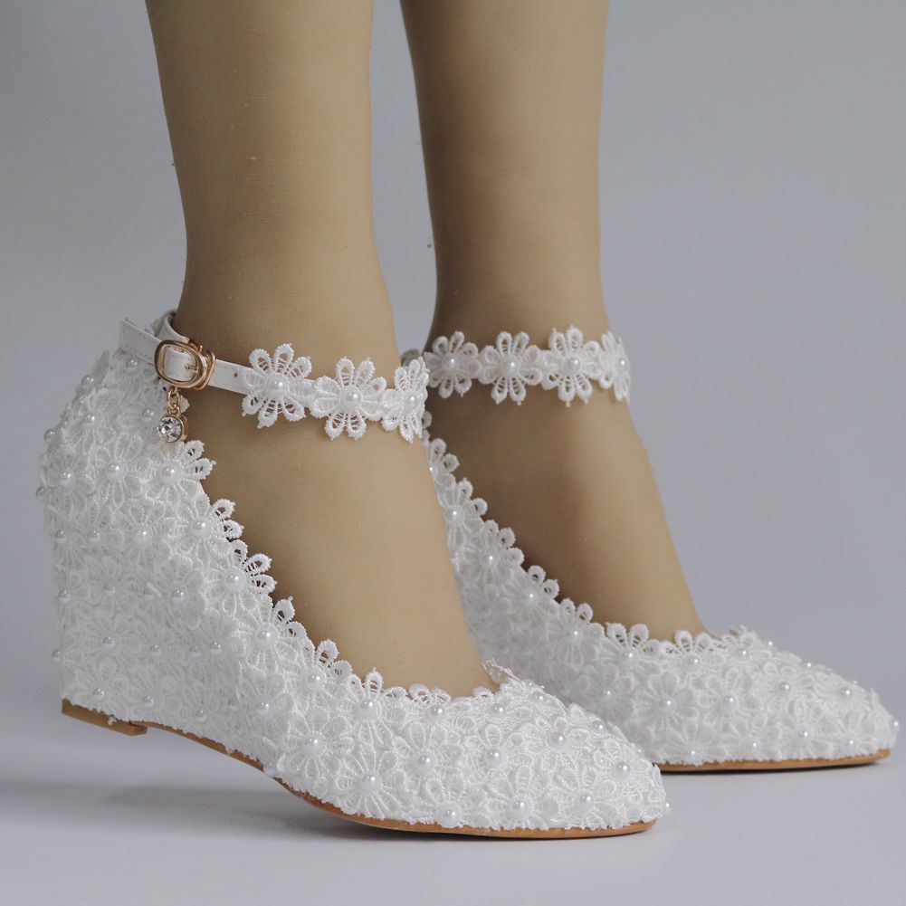 Pearls Lace Ankle Strap 8cm Wedge Heel Women Pumps Wedding Shoes