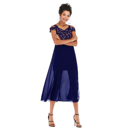 Off Shoulder Split Joint Split Chiffon Women Dresses