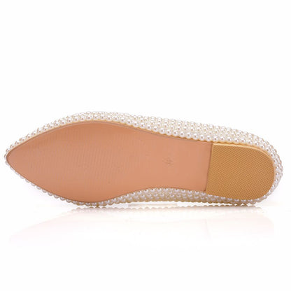 Women Pointed Toe Shallow Bridal Wedding Shoes Pearls Flats