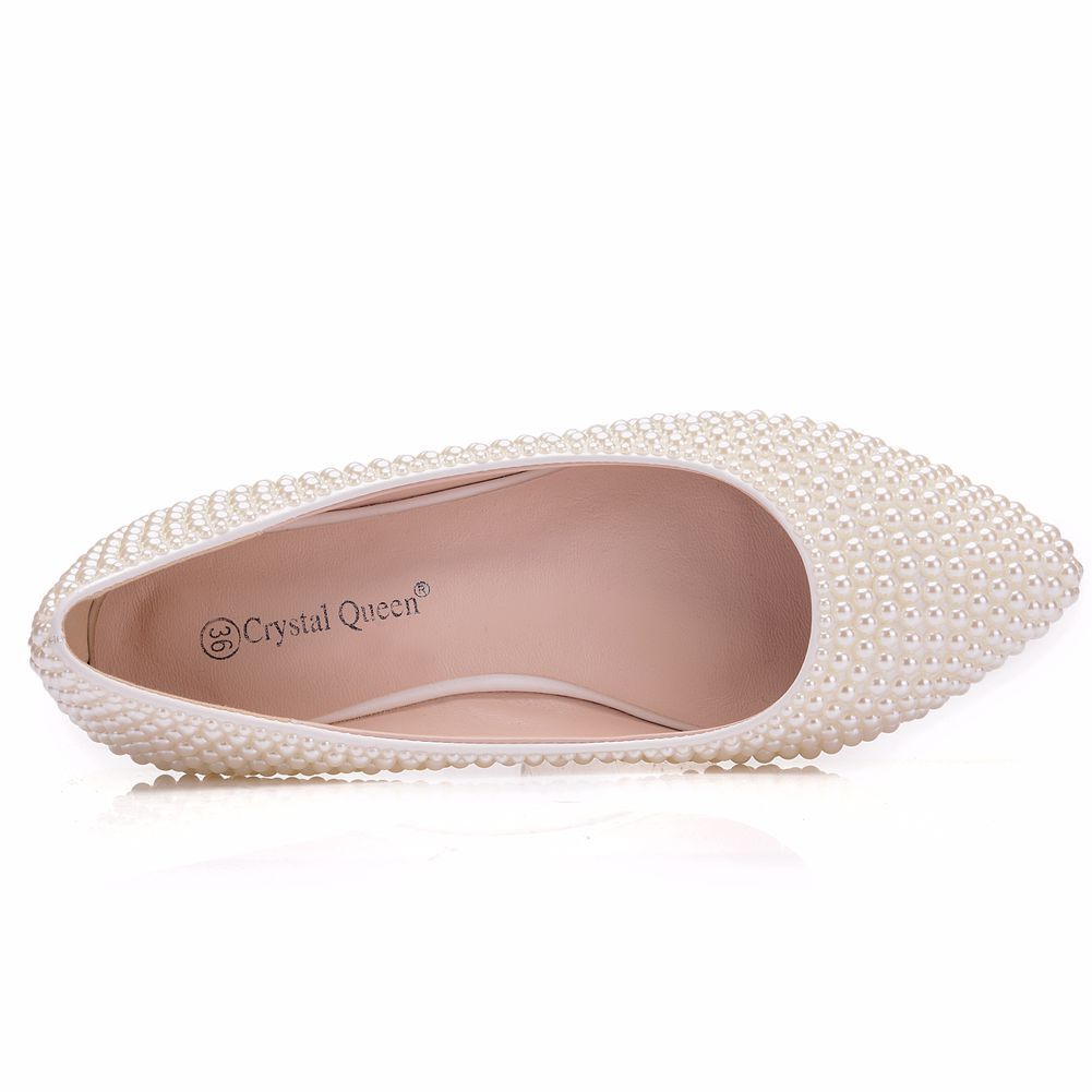 Women Pointed Toe Shallow Bridal Wedding Shoes Pearls Flats