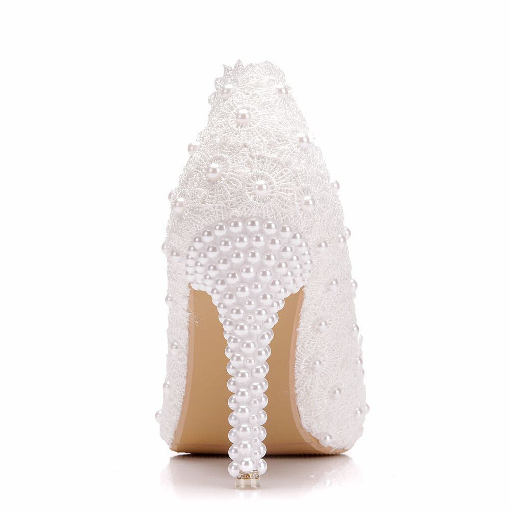 Women Pointed Toe Pearls Lace Stiletto Heel Pumps Wedding Shoes