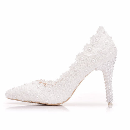 Women Pointed Toe Pearls Lace Stiletto Heel Pumps Wedding Shoes