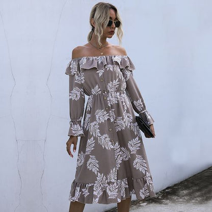 Women Off Shoulder Floral Printed Long Sleeved Dress