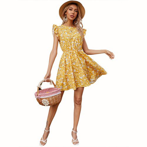 Womens Ruffle Flower Short Sleeved Dress