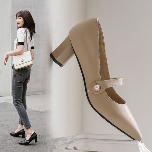 Women Pointed Toe Pearl High Heel Chunky Pumps