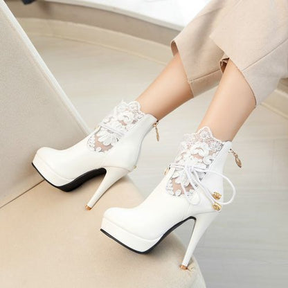 Pointed Toe Lace Women High Heels Platform Short Boots