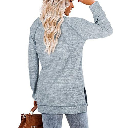 Womens Solid Color Round Neck Pullover Long Sleeved Top