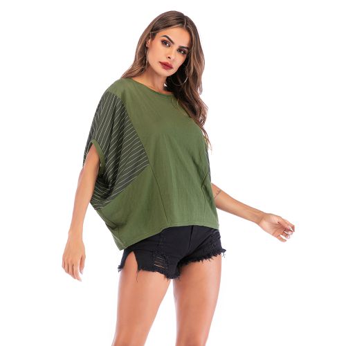 Summer Bat Sleeve Stitching Striped Round Neck Loose Top Women T Shirts