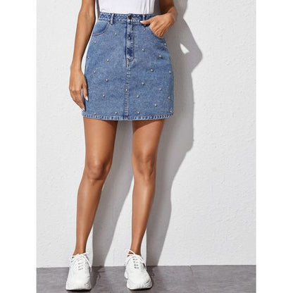 Inshigh Waist Denim Fashion Beads Packet Buttock Women Skirts