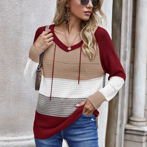 Women Long Sleeved  Hollow Out Contrast Color Knitted Sweater Hoodie