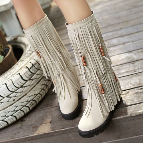 Women Tassel Platform Wedges Mid Calf Boots