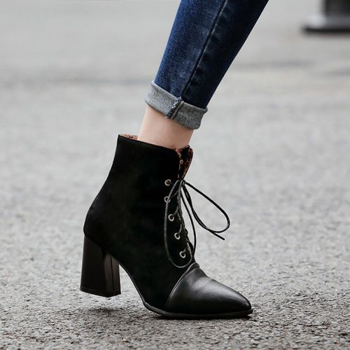 Women Pointed Toe Lace Up High Heels Short Boots