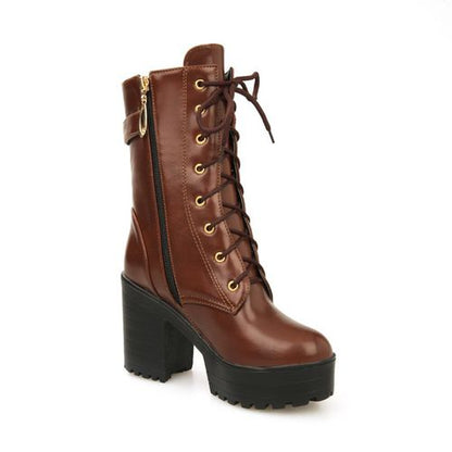 Women Lace Up Buckle High Heel Short Motorcycle Boots